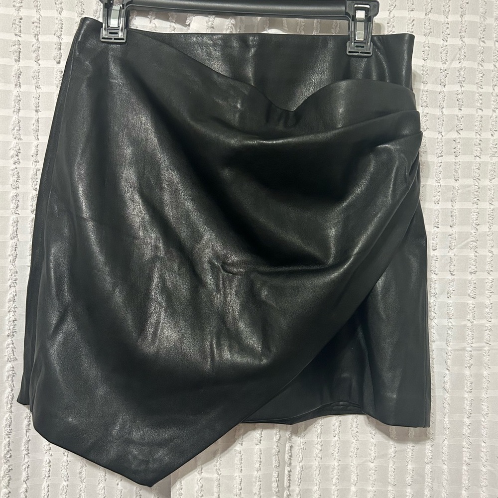 Mango MNG Women's Medium Faux‎ Leather Draped Asymmetrical Mini Skirt
